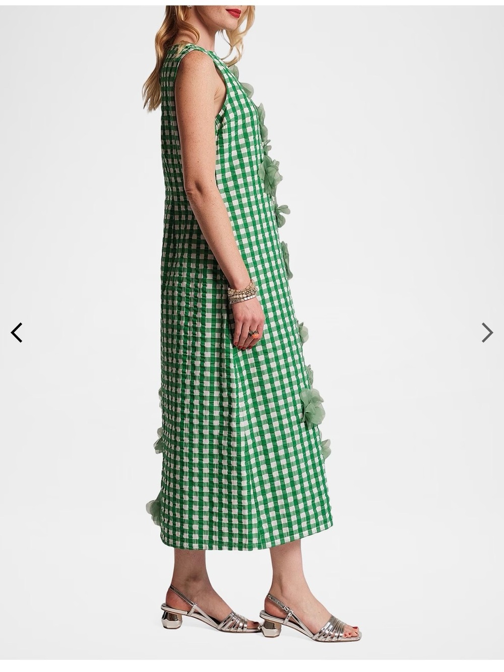 Frances Valentine Green Gingham Midi Dress with 3D Floral Appliqués - Picture 2 of 7